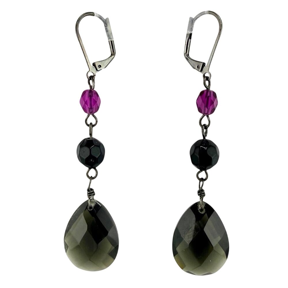 Modern Glass Vamp Gray Raspberry Glass Deardrop Beads Dangle Drop 2.5" Earrings